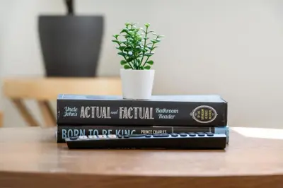 a stack of books on a table with a potted plant at Two Bedroom Townhouse with AC Garage Parking and Wifi in Calgary
