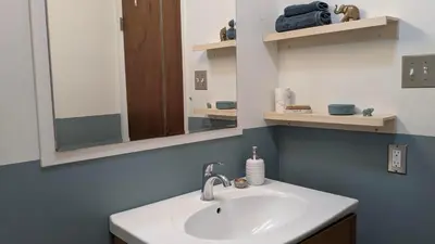 a bathroom with a sink and a mirror at YEGFamilyHome in Edmonton