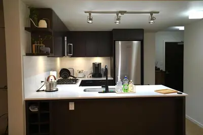 a kitchen with a stove and a refrigerator at Cozy Richmond Center Downtown 2B & 2B Apartment in Richmond