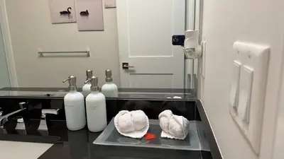 a bathroom with a sink with two bottles on a counter at Carrie The Gentle Nest 1 in Coquitlam