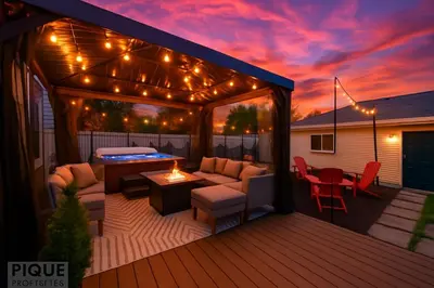 a patio with a couch and a table on a deck at Nordic Spa Retreat - Hot Tub - King Bed - Firepit - BBQ in Edmonton