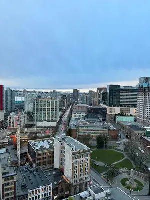 an aerial view of a city with buildings at Cozy Gastown condo with a view! in Vancouver