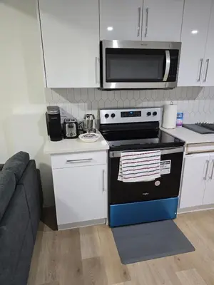 a kitchen with a stove and a microwave at Lush 1 Bedroom house with WiFi in Edmonton in Edmonton