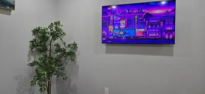 a tv hanging on a wall next to a plant at Glacier Comfort Living Suite in Calgary