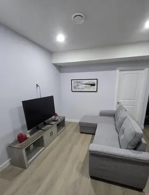 a living room with a couch and a flat screen tv at Peaceful Haven in Prime Location in Calgary