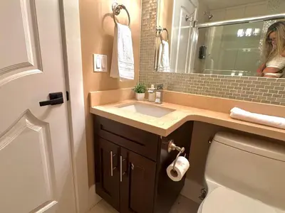a bathroom with a sink and a toilet and a mirror at Cozy 1 Bedroom Suite in Vancouver