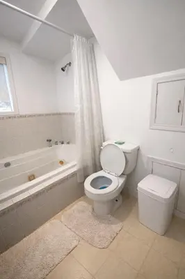 a white bathroom with a toilet and a bath tub at Great Northern Escapes - The Managers House in Yellowknife