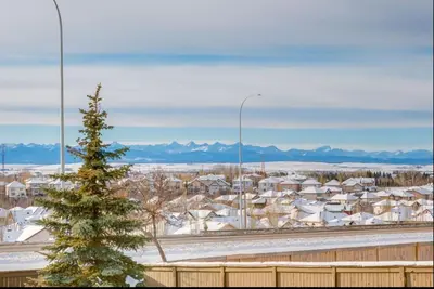 a christmas tree in front of a snowy city at Rocky View Bed & Breakfast in Calgary