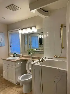 a bathroom with a sink and a toilet and a tub at Suit near Grousmountain in North Vancouver