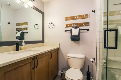 a bathroom with a toilet and a sink and a mirror at Cozy King Condo Mountain Views, Resort Perk and BBQ in Canmore