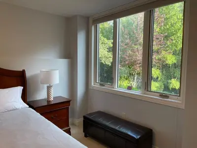 a bedroom with a bed and two windows at Peaceful & Cozy Retreat by the Park in Calgary