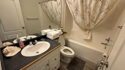 a bathroom with a sink and a toilet at Main Floor Condo Fully Independent 1 Bed 1 Bath in Edmonton