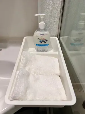 a white tray with a bottle of hand soap and towels at Sandy's Sweet Home in Coquitlam