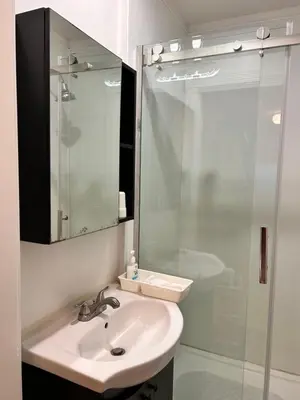 a bathroom with a sink and a glass shower at Sandy's Sweet Home in Coquitlam