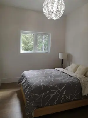 a bedroom with a bed and a chandelier at Après-Ski Lodge in Agassiz