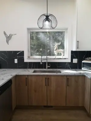 a kitchen with a sink and a deer in the window at Après-Ski Lodge in Agassiz
