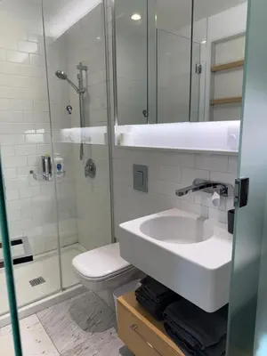 a bathroom with a toilet and a sink and a shower at Downtown Studio Rental in Victoria