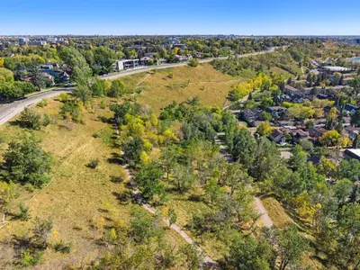 an aerial view of a park with trees and a road at The Lokal 2 Kings Queen Suite in Sunnyside YYC in Calgary