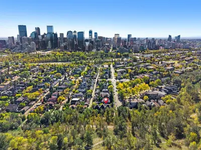 an aerial view of a city with buildings at The Sunday Charming Private Suite in Calgary in Calgary