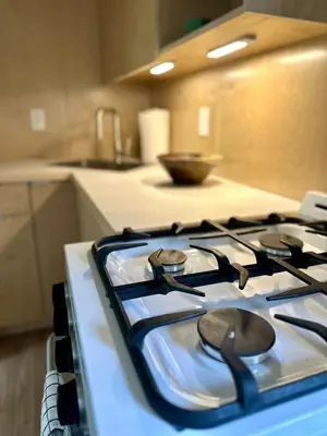 a white stove top oven in a kitchen at Riverside Retreat in Cowichan Bay