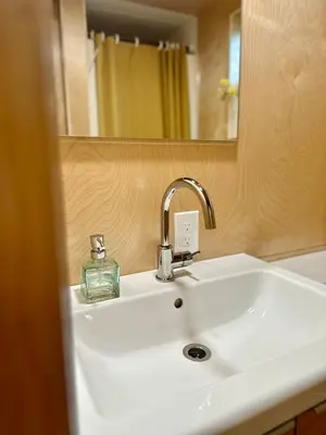a bathroom sink with a mirror and a bottle of soap at Riverside Retreat in Cowichan Bay