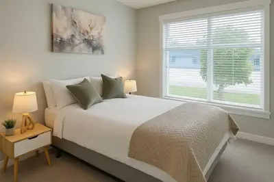 a bedroom with a large bed and a window at Bright & Modern 1-Bedroom Guest Suite in Chilliwack