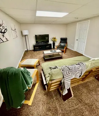 a living room with a bed and a flat screen tv at Beautiful Suite Fenced yard Kitchen Laundry in St. Albert