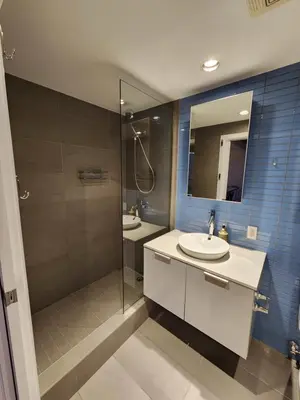 a bathroom with a shower and a sink and a mirror at Historic Downtown Escape in Vancouver