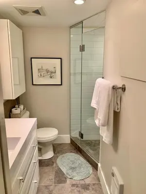 a bathroom with a toilet and a glass shower at Cozy Boho Studio Suite in Calgary