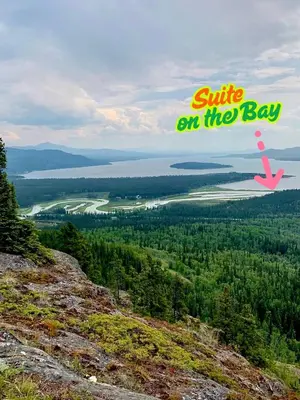 a view of a lake from a hill with the words suite on the bay at Suite on the Bay in Marsh Lake