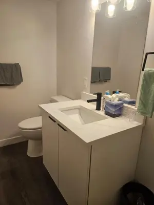 a bathroom with a sink and a toilet and a mirror at Affordable Comfort in Creekstone SW in Calgary