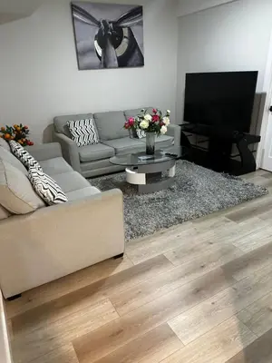a living room with a couch and a tv at Bedroom in the basement Upland 1 in Edmonton