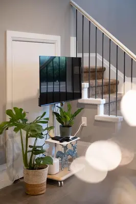 a living room with a tv on a table with plants at Brand New Stylish 2 bedrooms Suite in Shaughnessy in Vancouver