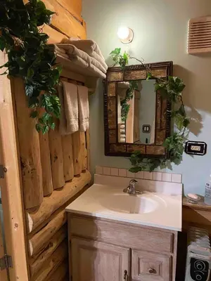 a bathroom with a sink and a mirror at Cozy Country Log Cabin Art Spa Getaway in Caroline