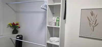 a walk in closet with shelves and a vase of flowers at Single Court in Abbotsford