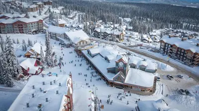 an aerial view of a resort in the snow at Raven's Nest - Mtn View & Hot Tub sleeps 6 in Carmi