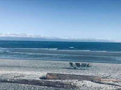 two chairs sitting on a beach next to the ocean at Saratoga beach cabin with hot tub in Oyster Bay