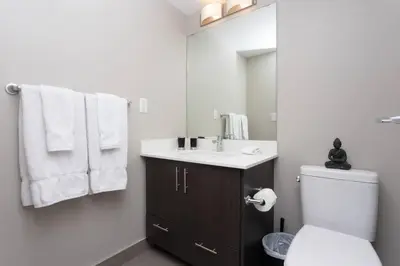 a bathroom with a toilet and a sink and a mirror at Corporate Stays Hendrix - 2 Bedrooms in Edmonton
