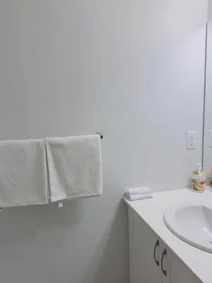 a white bathroom with a sink and a towel at Modern Comfort West Edmonton in Edmonton