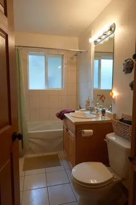a bathroom with a toilet and a tub and a sink at Pemberton Tree Lodge in Pemberton