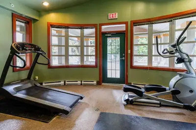 a fitness room with a treadmill and windows at Private Hot Tub | Free Parking | Pool | Sauna in Whistler