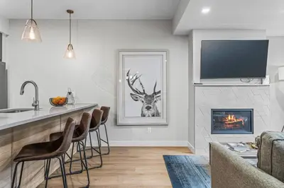 a kitchen and living room with a counter and a fireplace at Spacious 3BR Haven in Scenic Canmore in Canmore