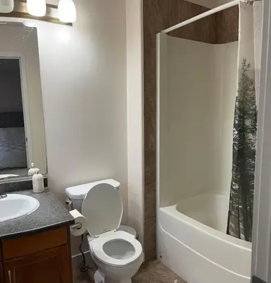 a bathroom with a toilet and a bath tub at Luxurious & Spacious 4-Bedroom Vacation Home in Edmonton