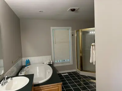 a bathroom with a tub and a sink and a shower at Charming 4-Bedroom Home in Bella Coola in Hagensborg