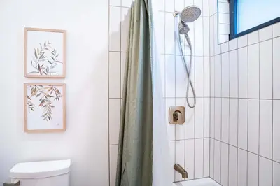 a bathroom with a shower with a shower curtain at Cartier Chalet in Revelstoke