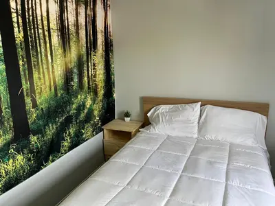 a bedroom with a bed and a window with trees at Character Home near Downtown and 17th Avenue in Calgary