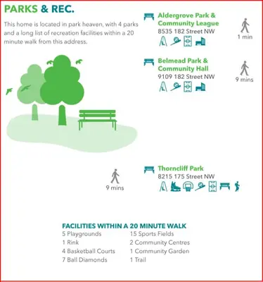 a diagram of a park with a bench and a tree at Spacious 3 BDR Suite Sleeps 6 Comfortably in Edmonton
