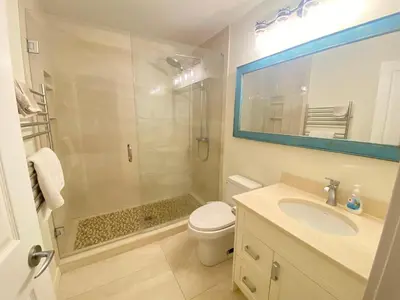 a bathroom with a shower and a toilet and a sink at Tanglewood 13 in Parksville