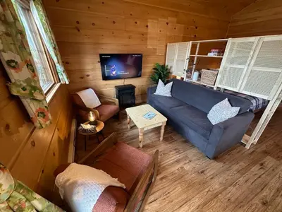 a living room with a blue couch and a tv at Radium Cabins Centrally located in Radium Hot Springs BC in Radium Hot Springs
