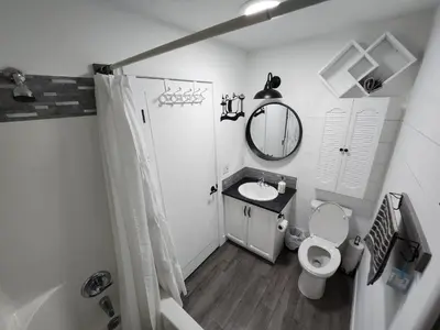 a bathroom with a toilet and a sink and a mirror at Kelowna full level luxury-BIG white ski 35 mins in Kelowna